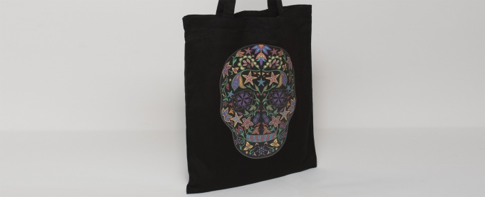 Skull DST print on a black tote bag